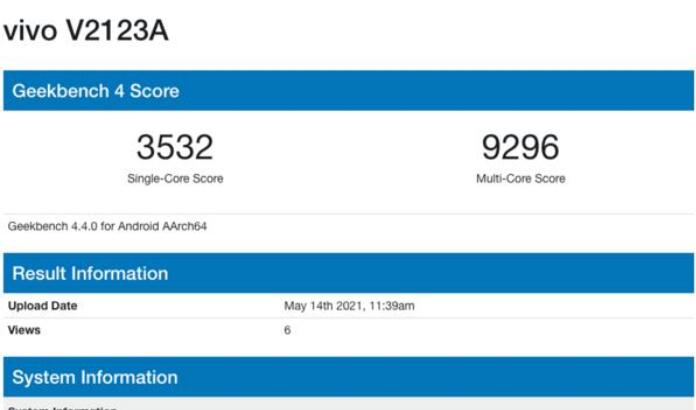 vivo V2123A新機現身GeekBench跑分平臺，其搭載MT6877芯片